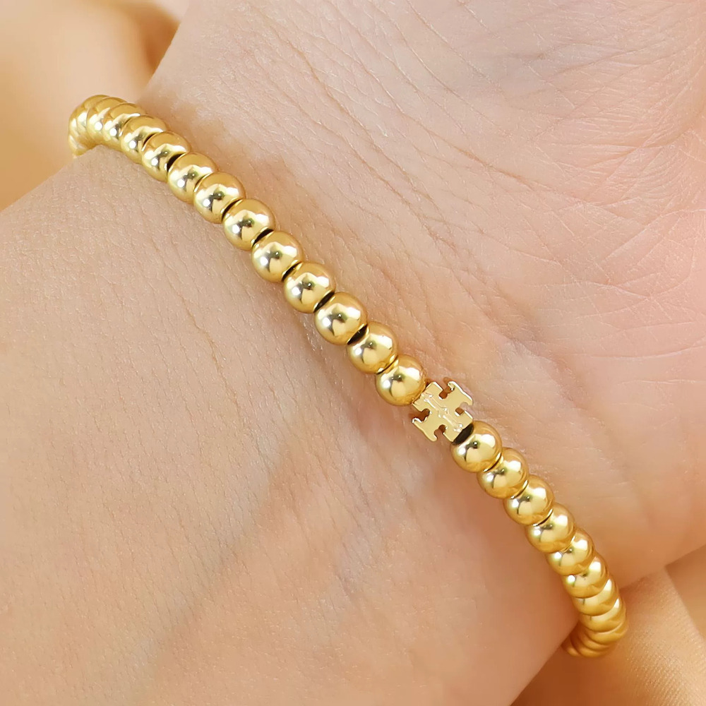 Tory Burch Trendy Gold Plated Copper Double Wrap Bead Chain Bracelet